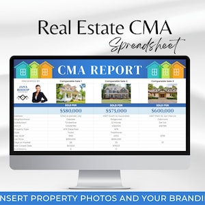 Puede incluir: Una pantalla de ordenador que muestra una hoja de cálculo de informe CMA de bienes raíces con el título "CMA Report". El informe incluye tres ventas comparables con fotos de las propiedades, direcciones, precios de venta y otros detalles. El informe es presentado por Jana Bishop.
