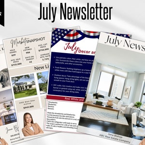 Boletín inmobiliario de julio, plantilla de boletín inmobiliario, boletín de correo electrónico para agentes inmobiliarios de julio, boletín inmobiliario de Canva, plantilla de 4 páginas