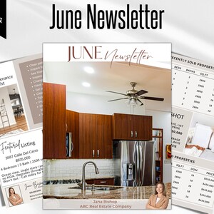 Boletín inmobiliario de junio, plantilla de boletín inmobiliario, boletín de correo electrónico para agentes inmobiliarios de junio, boletín inmobiliario de Canva, plantilla de correo
