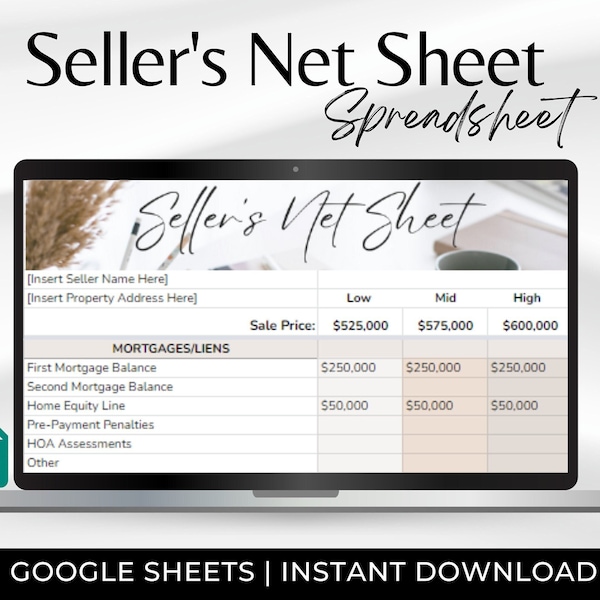 Real Estate Sellers Estimated Net Proceeds Spreadsheet, Sellers Net Sheet, Compare Pricing Scenarios Side by Side, Home Seller Presentation