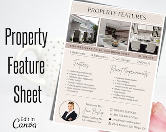 Real Estate Home Feature Sheet Flyer Template, Real Estate Marketing, Open House Flyer, Real Estate Canva Template, For Sale Flyer Realtor