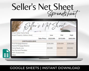 Real Estate Sellers Estimated Net Proceeds Spreadsheet, Sellers Net Sheet, Compare Pricing Scenarios Side by Side, Home Seller Presentation