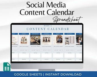 May include: A computer screen displaying a Google Sheets spreadsheet titled "Social Media Content Calendar Spreadsheet". The spreadsheet is a weekly content calendar with a column for each day of the week. Each column has a title, a space for an image, and sections for content types, captions, hashtags, and links to Canva graphics.