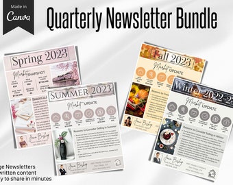 Real Estate Quarterly Newsletter Bundle, Real Estate Seasonal Newsletter Template, Realtor News Letter Canva, Spring, Summer, Fall, Winter