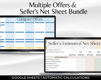 Multiple Offers and Net Sheet Spreadsheet Bundle, Real Estate Spreadsheet, Realtor Compare Offers, Seller Net Proceeds, Google Sheets