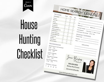 House Hunting Checklist, Real Estate Marketing, Real Estate Buyer Checklist, Real Estate Canva Template, House Hunter, Home Search Checklist
