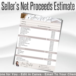 May include: A beige and white printable worksheet titled "Seller's Net Proceeds Estimate" with a section for "Seller's Cost" and "Seller's Net Sheet". The worksheet is designed to help calculate the net proceeds from a real estate sale.