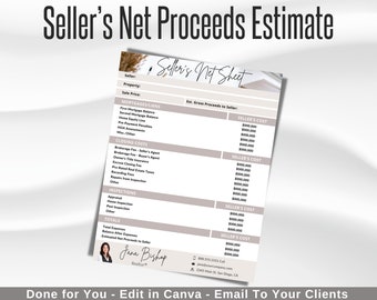 Sellers Net Sheet, Real Estate Sellers Estimated Net Proceeds, Home Seller Presentation, Real Estate Marketing, Seller Pre-Listing, Canva