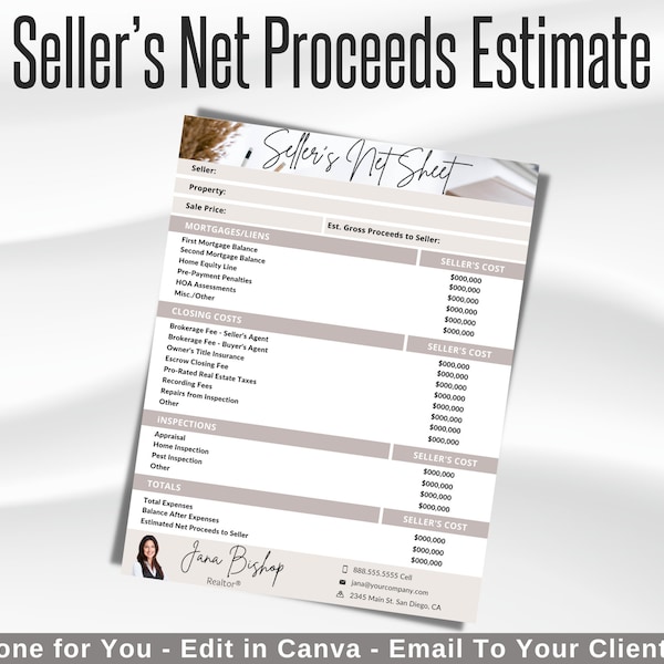 Sellers Net Sheet, Real Estate Sellers Estimated Net Proceeds, Home Seller Presentation, Real Estate Marketing, Seller Pre-Listing, Canva