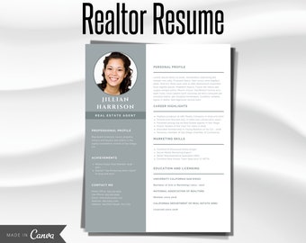 Realtor Resume, Real Estate Resume Template, Professional Resume, Real Estate Marketing, Real Estate Agent Canva, Resume Template Photo Page