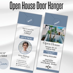 Onroerend goed open huis deur hanger, dubbelzijdige deur hanger, onroerend goed deur hanger, open huis sjabloon, makelaar deur hanger Canva ontwerp