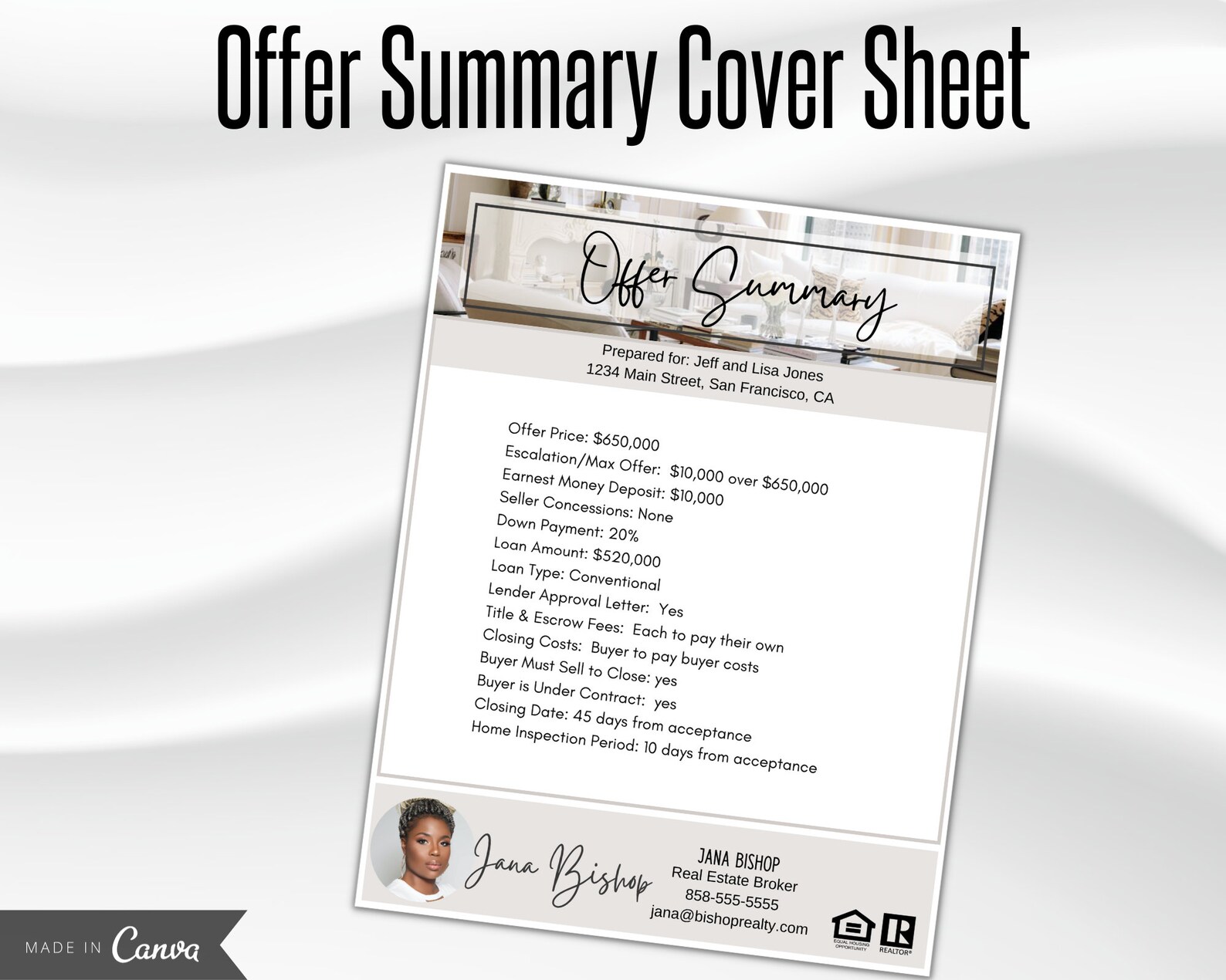 Real Estate Offer Summary, Real Estate Offer Cover Sheet, Real Estate ...