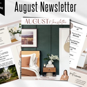 Real Estate Newsletter August, Real Estate News Letter Template, August Realtor Email Newsletter, Real Estate Canva News Letter, 4 Pages
