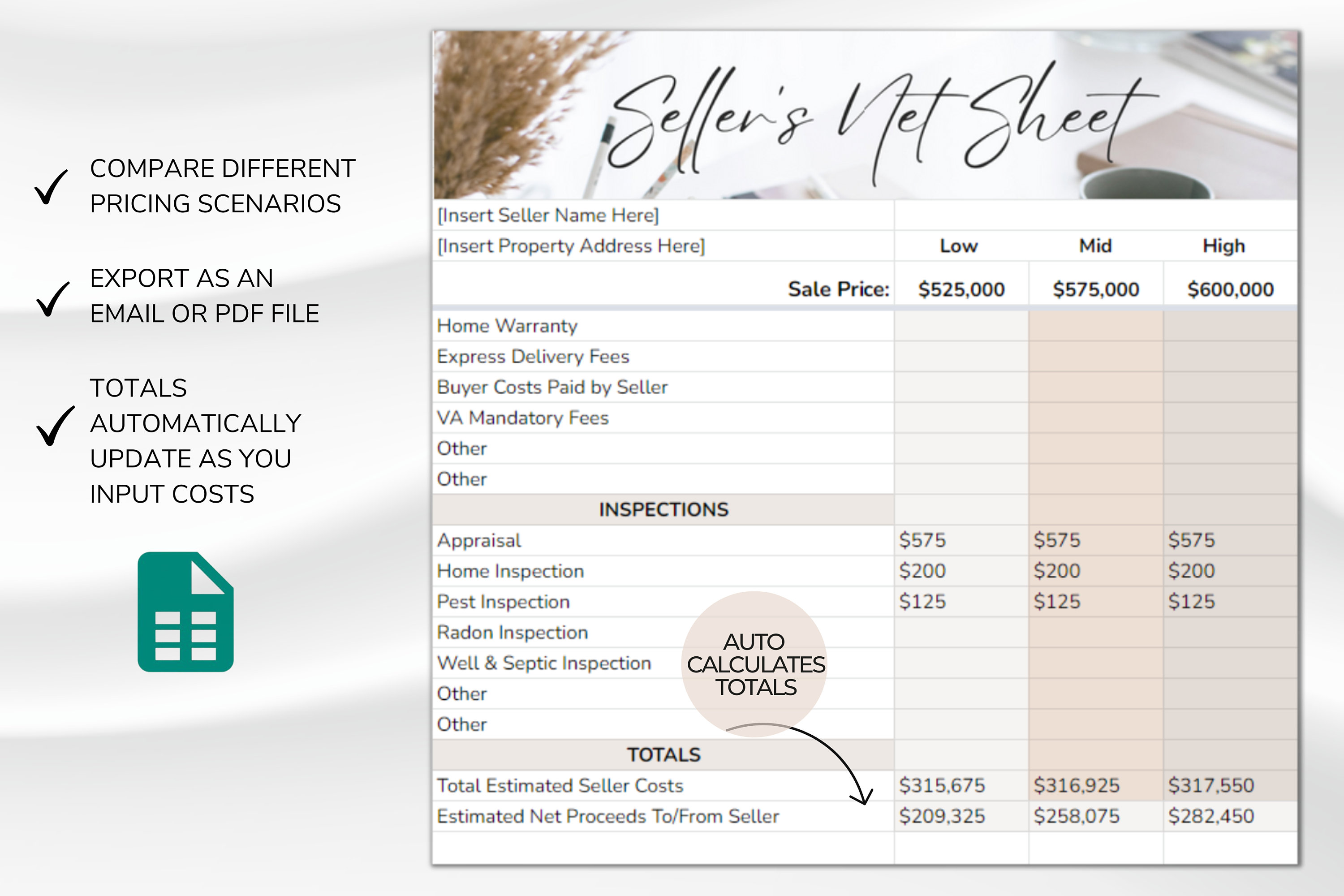 Real Estate Sellers Estimated Net Proceeds Spreadsheet, Sellers Net ...
