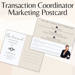 Marketingbriefkaart voor transactiecoördinator, sjablonen voor transactiecoördinator voor onroerend goed, presentatie voor transactiecoördinator, Canva