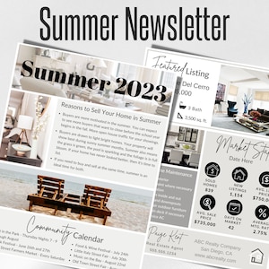 Plantilla de boletín informativo de verano para inmobiliarias, Canva inmobiliario, boletín trimestral de verano, boletín informativo inmobiliario, boletín informativo por correo electrónico para agentes inmobiliarios