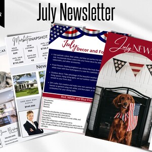 Boletín inmobiliario de julio, plantilla de boletín inmobiliario, boletín de correo electrónico para agentes inmobiliarios de julio, boletín inmobiliario de Canva, Mailchimp