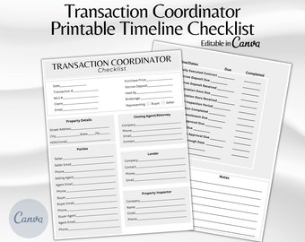 Transaction Coordinator Checklist, Transaction Coordinator Printable Canva Template, Transaction Timeline Checklist, Task Manager, Editable