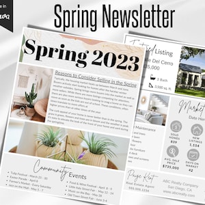 Plantilla de boletín de primavera de bienes raíces, carta de noticias de agentes inmobiliarios, marketing de primavera de bienes raíces, boletín informativo trimestral de agentes modernos, Canva de agentes inmobiliarios