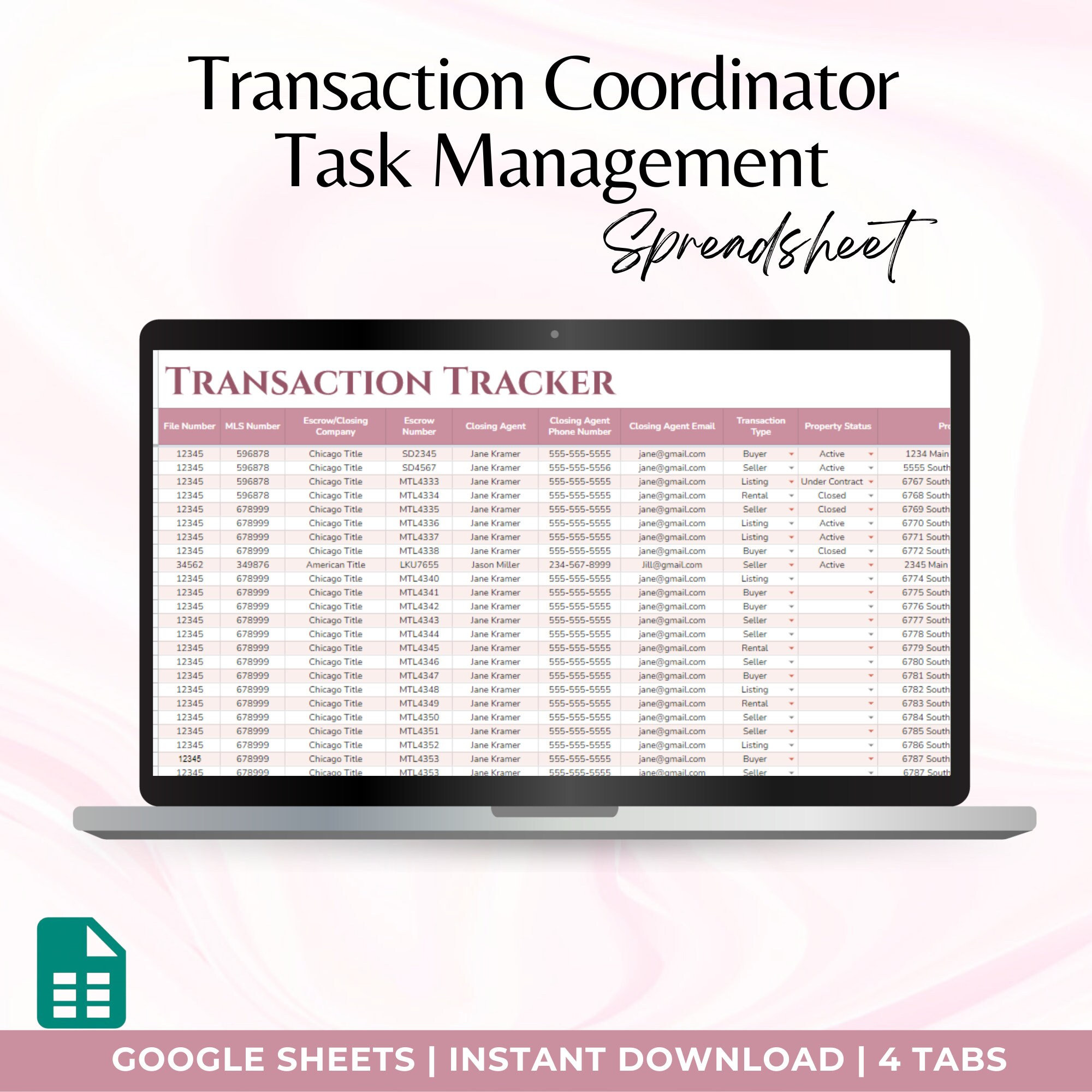 Real Estate Transaction Coordinator Spreadsheet, Transaction Coordinator Checklist, Transaction Timeline Tracker, Task Management Tracking