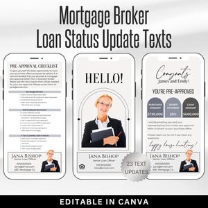 Teksten update status hypotheekbemiddelaar, sms-klantenupdates, 23 Canva hypotheekverstrekkerbundel