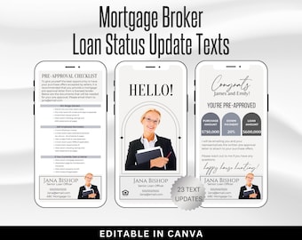 Mortgage Broker Status Update Texts, Textable Loan Officer Client Updates, 23 Canva Mortgage Lender Bundle