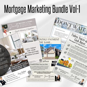 Könnte beinhalten: Eine Sammlung bunter Flyer für ein Hypothekenunternehmen. Die Flyer zeigen Bilder von Häusern, Text über Hauskauf und die Kontaktdaten des Unternehmens. Der Text auf den Flyern lautet: "Keine Sorge - ich habe dich verstanden", "Sag Tschüss zum Mieten", "Ruf noch heute für eine unverbindliche Beratung an", "Monatliche Zahlung gleich", "Warte nicht", und "Es sei denn, du bist ein Barzahler - Eine Hypothekervorabgenehmigung ist ein MUSS".