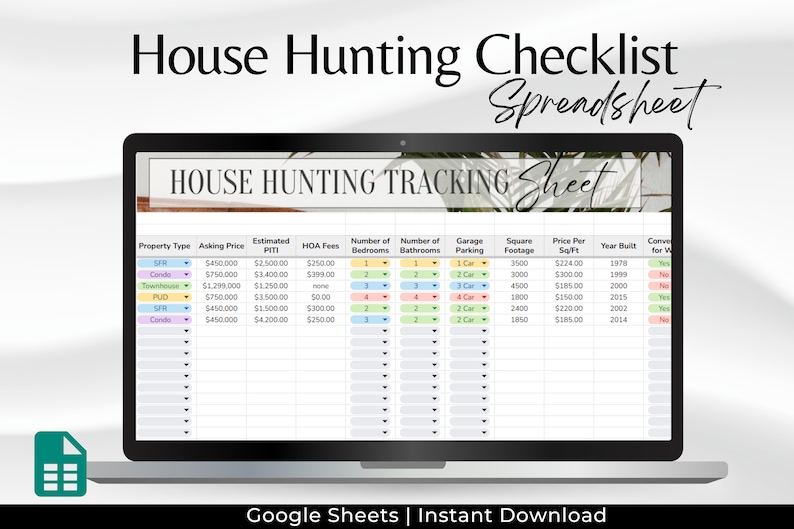 House Hunting Spreadsheet, Spreadsheet for Realtor, House Hunting ...