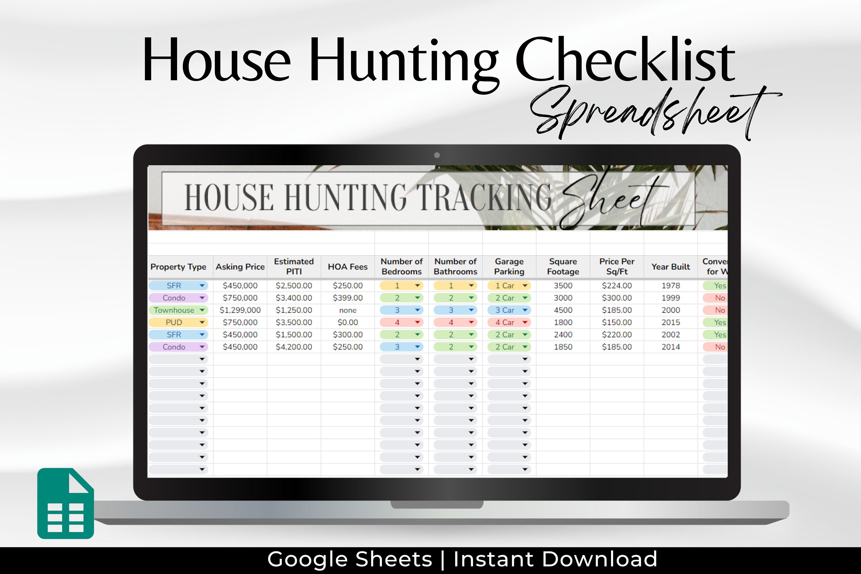 House Hunting Spreadsheet, Spreadsheet for Realtor, House Hunting ...