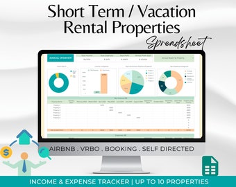 May include: A computer screen displaying a spreadsheet for tracking short-term rental property income and expenses. The spreadsheet includes charts and graphs showing annual overview, top performing platforms, and top expense categories. The text on the screen reads "Short Term / Vacation Rental Properties Spreadsheet" and "AIRBNB. VRBO. BOOKING. SELF DIRECTED".