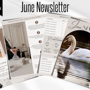 Boletín inmobiliario de junio, plantilla de boletín inmobiliario, boletín de correo electrónico para agentes inmobiliarios de junio, boletín inmobiliario de Canva, plantilla de correo