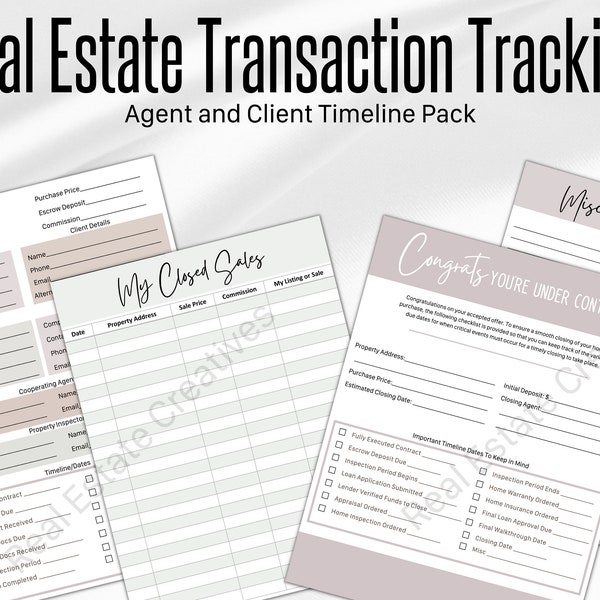 Real Estate Transaction Timeline and Closed Sales Tracking Sheets, Realtor Under Contract Checklist Transaction Log, Real Estate Tracker