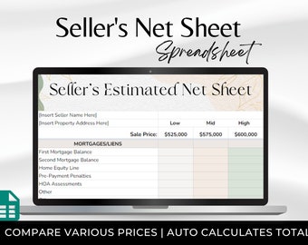 Real Estate Sellers Estimated Net Proceeds Spreadsheet, Sellers Net Sheet, Compare Pricing Scenarios Side by Side, Home Seller Presentation