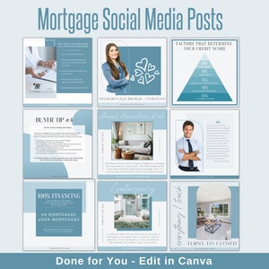 Redes sociales de corredores hipotecarios, Instagram de prestamistas hipotecarios, plantilla de marketing para agentes de préstamos hipotecarios en azul, marketing de corredores hipotecarios, Canva