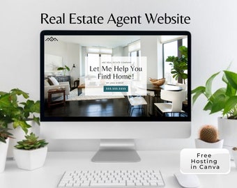 May include: A computer screen displaying a real estate website with the text "Let Me Help You Find Home!" by Jana Bishop and a phone number. The website features a photo of a modern living room with large windows. The computer is on a white desk with a keyboard and a mouse. There is a potted plant on the left side of the desk and a sign that says "Free Hosting in Canva" on the right side of the desk.