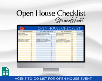 May include: A checklist spreadsheet for an open house event. The spreadsheet is divided into three sections: 7 days before open house, 2 days before open house, and day of open house. Each section has a list of tasks to complete.