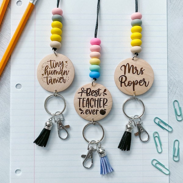 Personalized teacher lanyard | pencil rainbow silicone bead wood disk lanyard | engraved badge lanyard | school teacher appreciation gift