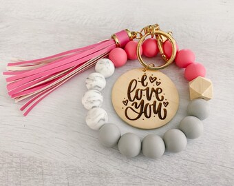 Hot pink silicone bead keychain bracelet | custom engraved pink gray & marble beaded keychain | survivor gift | personalized gifts for women