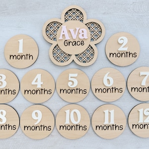 Personalized daisy monthly milestone markers | newborn photo props | interchangeable flower milestone cards | wooden monthly milestone disks