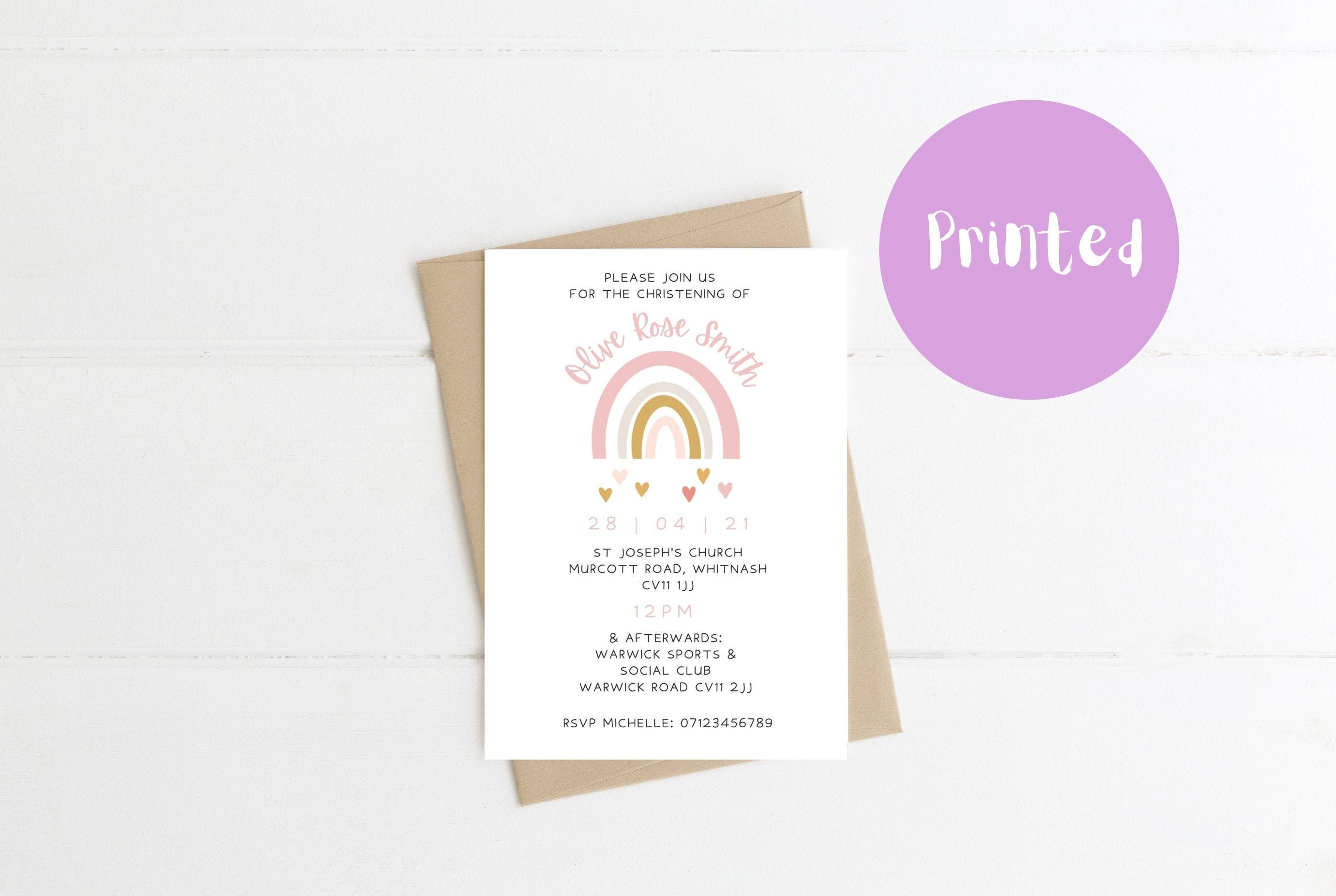 Rainbow Christening Invitation / PRINTED Baptism Invite / Boho Etsy UK