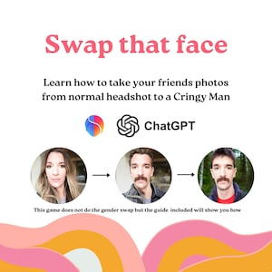 Bachelorette Games, swipe right instant download Canva Template. A graphic with the text "Swap that face" and "Learn how to take your friends photos from normal headshot to a Cringy Man." It includes a ChatGPT logo and a series of images showing a face transformation. The text "This game does not do the gender swap but the guide included will show you how."