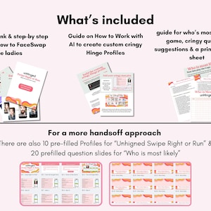 Bachelorette Games, swipe right instant download Canva Template. A pink and white graphic with the text "What's included" and several guides. The guides include instructions on FaceSwap, AI profile creation, and a printable tally sheet for a game. Also included are pre-filled profiles and question slides.