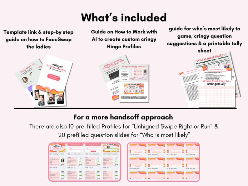 Bachelorette Games, swipe right instant download Canva Template. A pink and white graphic with the text "What's included" and several guides. The guides include instructions on FaceSwap, AI profile creation, and a printable tally sheet for a game. Also included are pre-filled profiles and question slides.