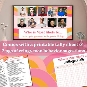 Bachelorette Games, swipe right instant download Canva Template. A framed print with the text "Who is Most likely to... correct your grammar while you're flirting." Features photos of men. Includes a printable tally sheet and behavior suggestions.
