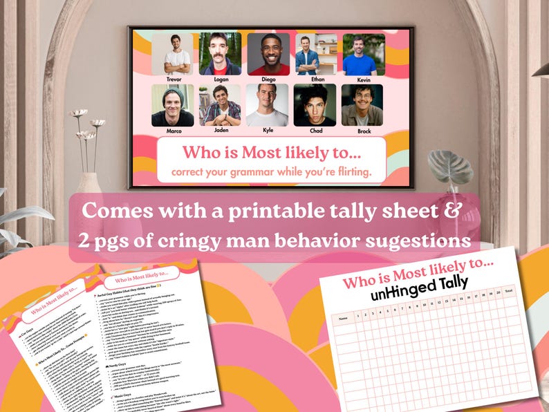 Bachelorette Games, swipe right instant download Canva Template. A framed print with the text "Who is Most likely to... correct your grammar while you're flirting." Features photos of men. Includes a printable tally sheet and behavior suggestions.