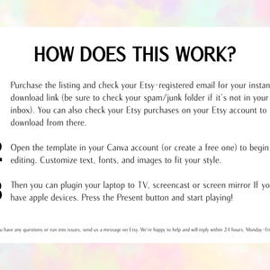 Bachelorette Games, swipe right instant download Canva Template. A white rectangular graphic with the title "HOW DOES THIS WORK?" and numbered steps explaining how to download and use a template. The background is a soft pastel watercolor wash.