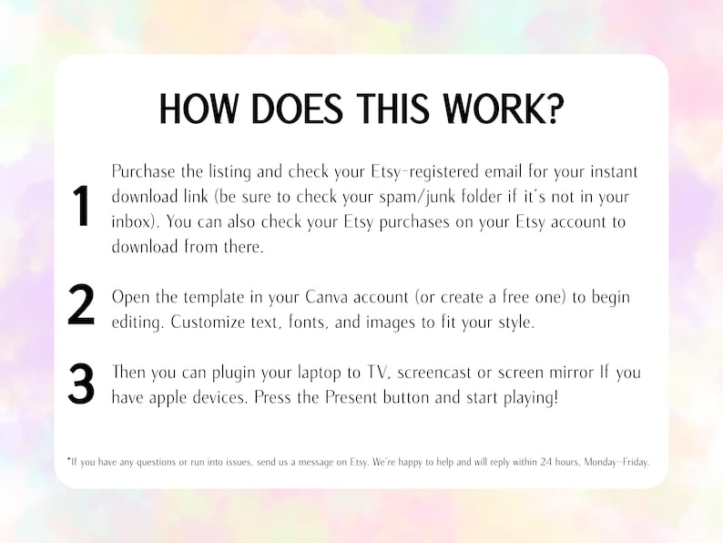 Bachelorette Games, swipe right instant download Canva Template. A white rectangular graphic with the title "HOW DOES THIS WORK?" and numbered steps explaining how to download and use a template. The background is a soft pastel watercolor wash.