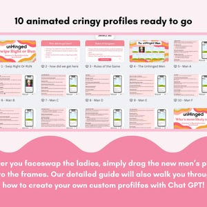 Bachelorette Games, swipe right instant download Canva Template. A pink graphic with the text "10 animated cringy profiles ready to go." The graphic includes mock-ups of phone screens with profile information and the text "unHinged Swipe Right or Run."