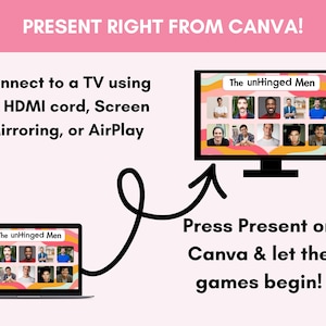 Bachelorette Games, swipe right instant download Canva Template. Image showing a laptop and a TV screen displaying the text "The unHinged Men" and a grid of headshots. The image also includes the text "PRESENT RIGHT FROM CANVA!" and instructions on how to connect to a TV.