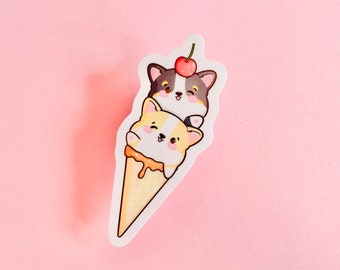 Mini Cutie Corgi Cone Glossy Vinyl Sticker | Red & Tri Color Corgi | Ice Cream Dessert Sweet | Kawaii Cute Bujo Planner Journal Laptop Decal